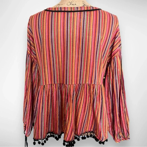 AMARYLLIS Women's Colorful Striped Long Sleeve Top With Pom Pom Trim Small | EUC - Picture 2 of 5